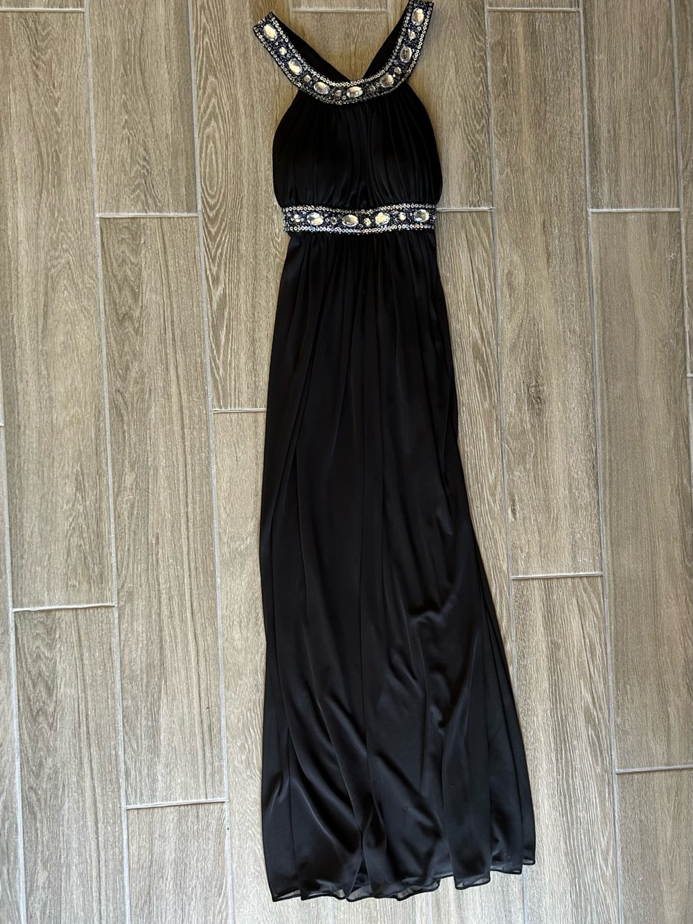 Xscape Black Halter Maxi Dress with Beaded Neckline and Waist